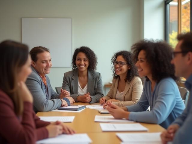 Pequeno grupo de pessoas diversas sorrindo e discutindo em um ambiente de treinamento